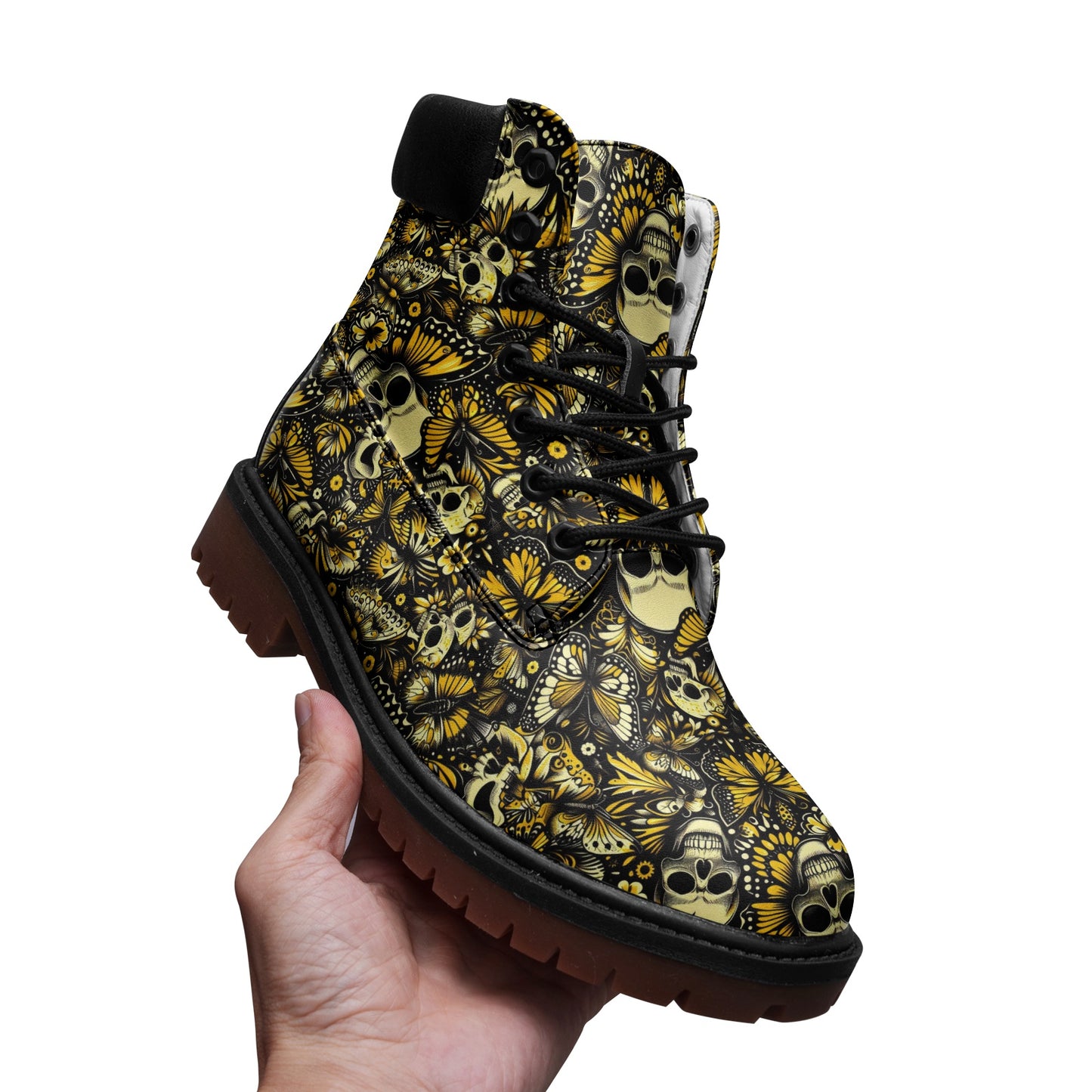 Premium Lightweight Microfiber Leather Chukka Boots Skulls and yellow Butterflies