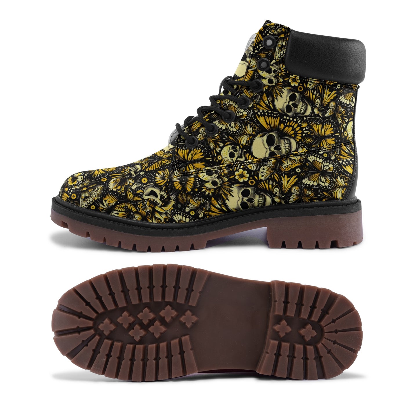 Premium Lightweight Microfiber Leather Chukka Boots Skulls and yellow Butterflies