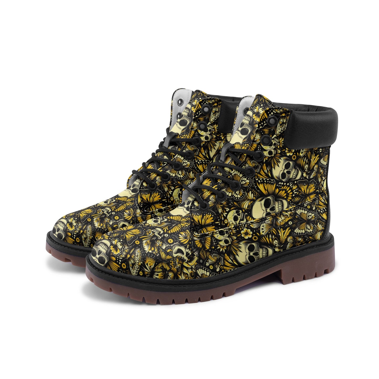 Premium Lightweight Microfiber Leather Chukka Boots Skulls and yellow Butterflies