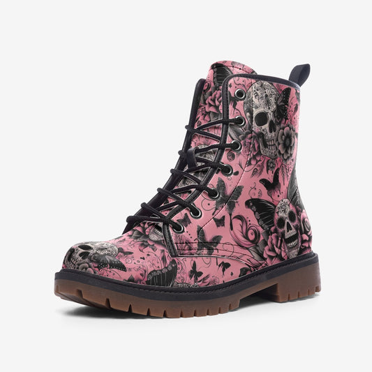Casual Leather Lightweight boots Pink Skulls and Butterflies