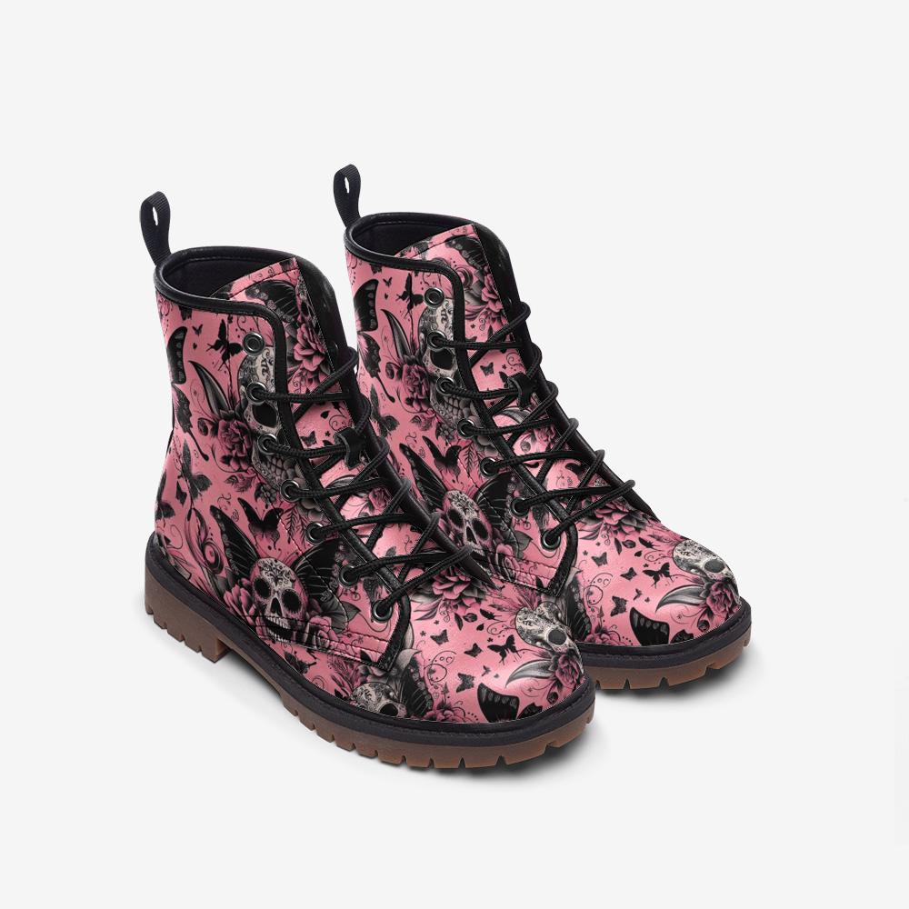 Casual Leather Lightweight boots Pink Skulls and Butterflies