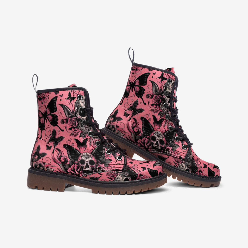 Casual Leather Lightweight boots Pink Skulls and Butterflies