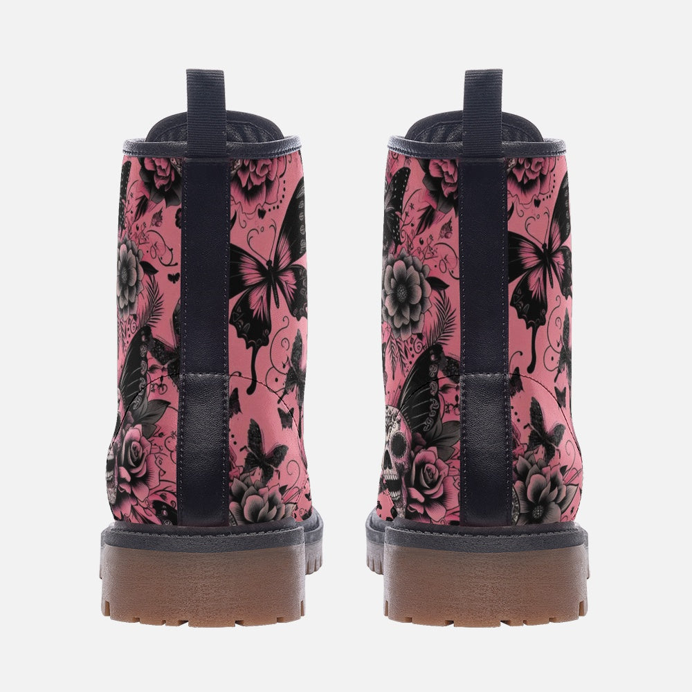Casual Leather Lightweight boots Pink Skulls and Butterflies