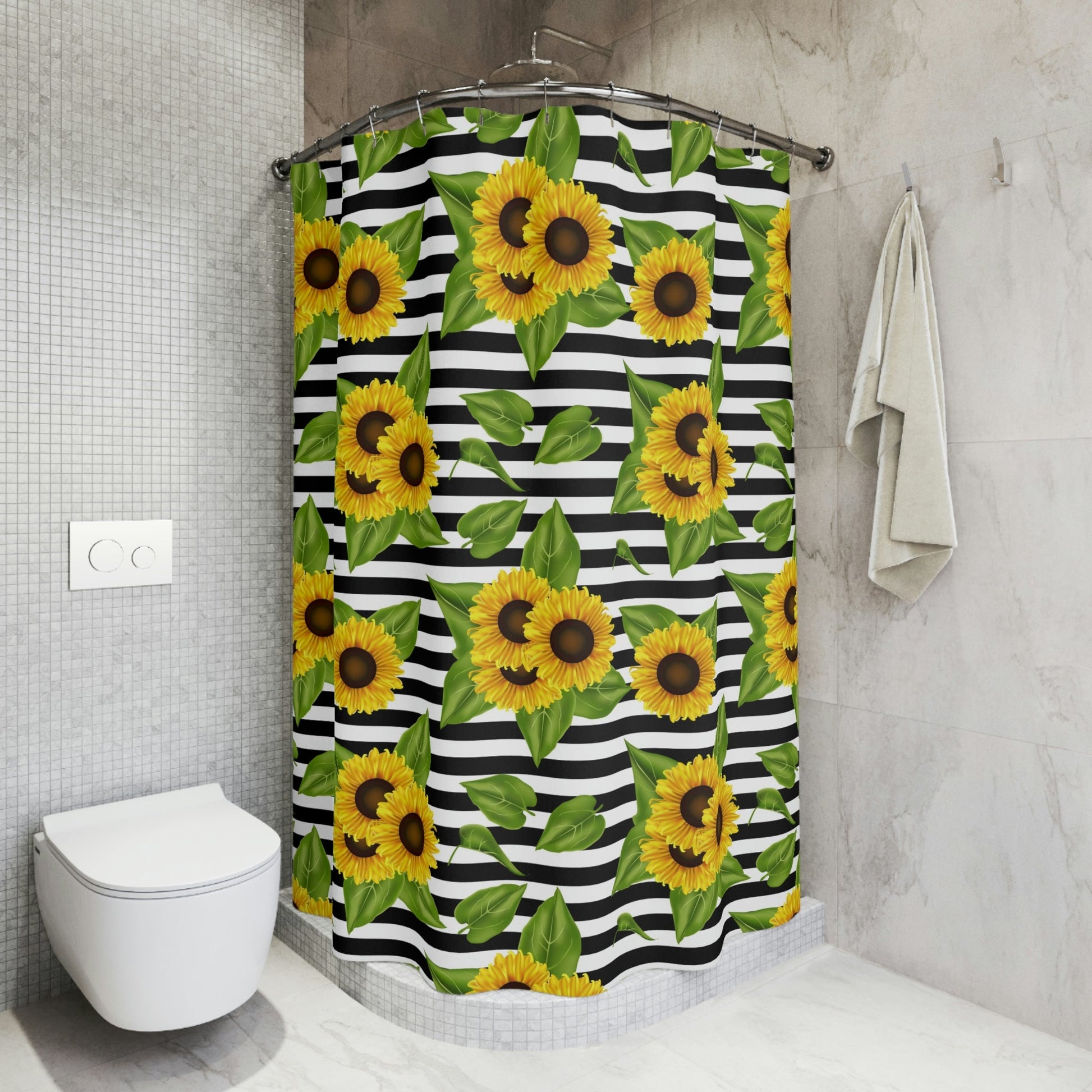 Polyester Shower Curtain Sunflowers on black and white