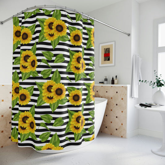 Polyester Shower Curtain Sunflowers on black and white 71" × 74"